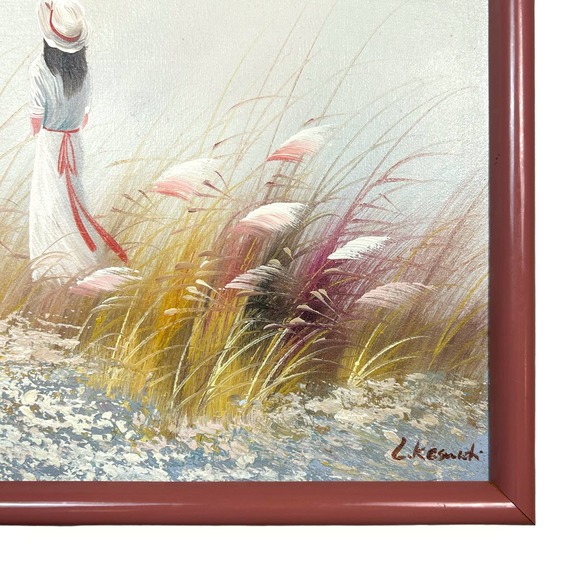 Vintage Original Framed Painting Girl Looking at the Sea Canvas 24x10 - Picture 3 of 10